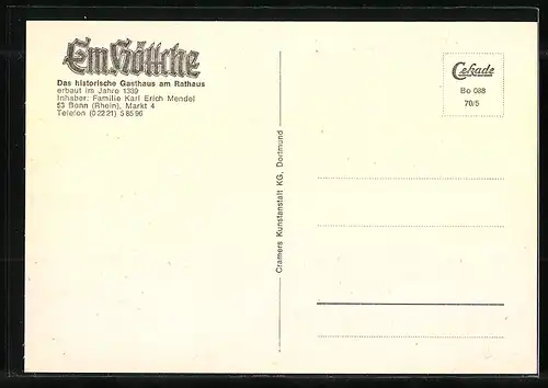 AK Bonn /Rh., Gasthaus Em Höttche K. E. Mendel, Markt 4, Innenansicht