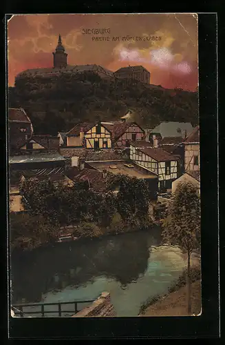 AK Siegburg, Partie am Mühlengraben am Abend