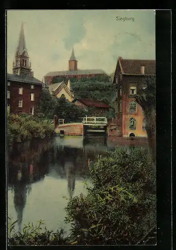 AK Siegburg, Uferpartie mit Kirche