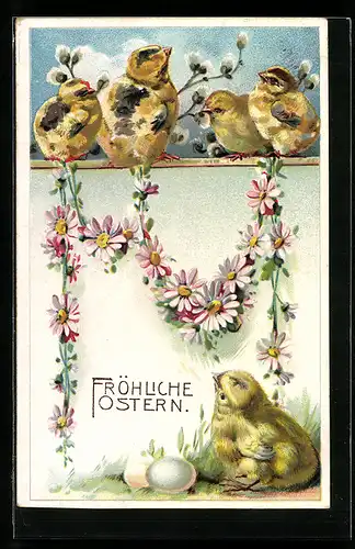 AK Osterküken mit Blumenkranz