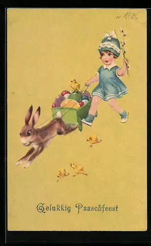 AK Mädchen mit Osterhasen und Karren voller Ostereiern