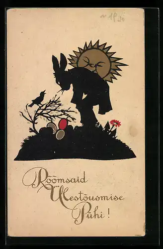 AK Osterhase erblickt zwitscherndes Vöglein, Scherenschnitt