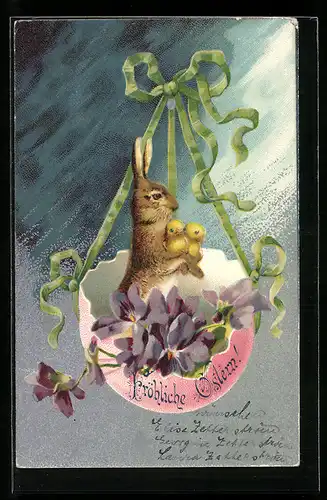 AK Osterhase und Küken in Eierschale