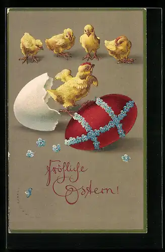 AK Osterküken schlüpfen aus dem Ei, Vergissmeinnicht