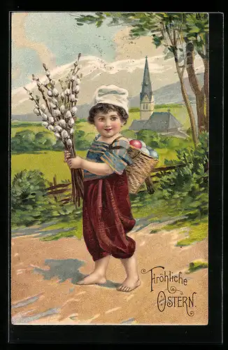 AK Junge mit Palmkätzchenzweigen zu Ostern