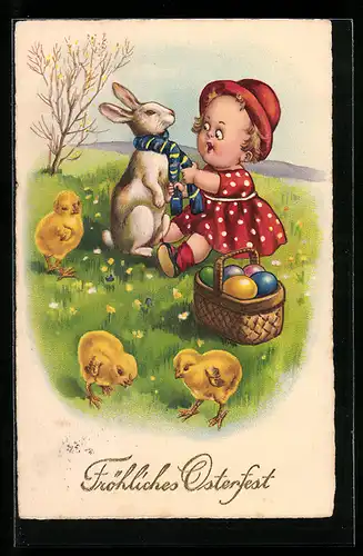 AK Mädchen bindet Osterhasen einen Schal um