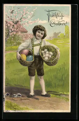 AK Fröhliche Ostern, Kind mit Osterkörben