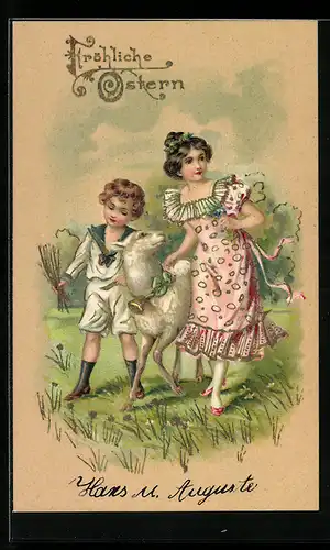 AK Kinder mit Lamm im Grünen zu Ostern