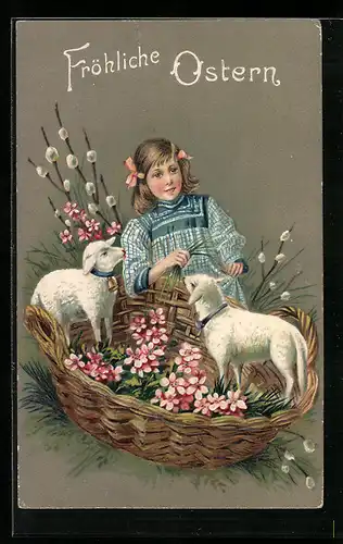 AK Mädchen mit zwei Osterlämmchen zu Ostern