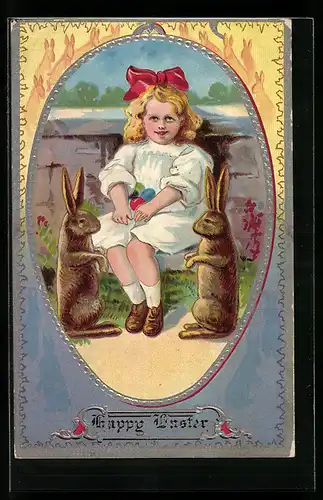 AK Mädchen mit Schleife und zwei Osterhasen