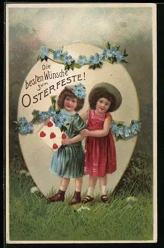 AK Kinder mit Blumenkranz und Osterei, Ostern