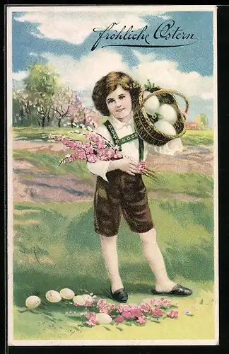 AK Fröhliche Ostern, Knabe mit Osterkorb und Blumen