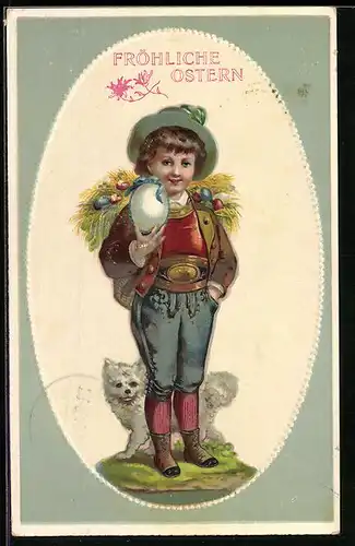 AK Knabe mit Hund und Osterei, Ostern