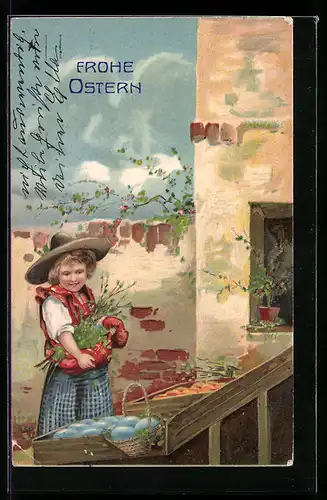 AK Ostern, Mädchen mit Hut und Zweigen