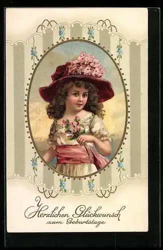AK Mädchen mit Hut und Blumen zum Geburtstag