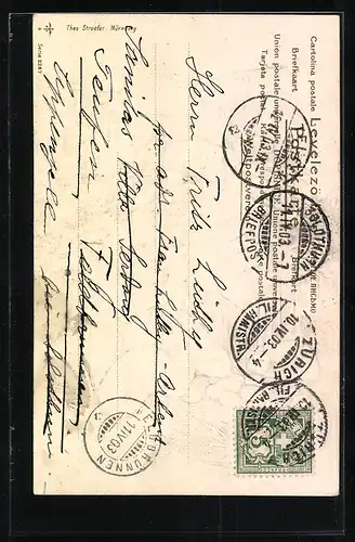 AK Knabe beobachtet Osterhasen unterm Holzverschlag