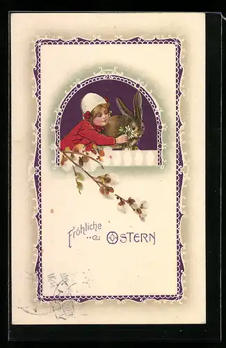 AK Mädchen füttert Osterhase mit Blume
