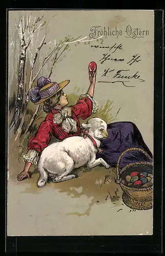 AK Fröhliche Ostern, Dame mit Osterlamm
