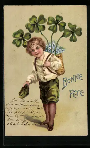 AK Junge mit Kleeblättern im Korb