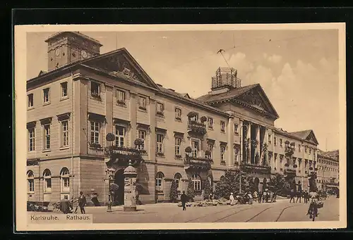 AK Karlsruhe, Rathaus mit Litfasssäule