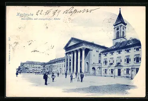 AK Karlsruhe, Marktplatz mit evangelischer Kirche