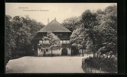 AK Karlsruhe, Schwarzwaldhaus im Stadtgarten