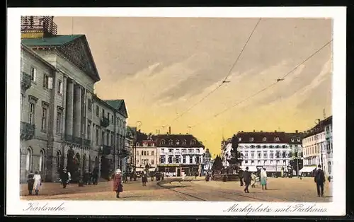 AK Karlsruhe, Marktplatz mit Rathaus