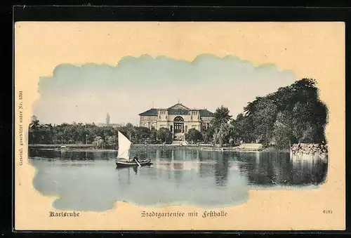 AK Karlsruhe, Stadtgartensee mit Festhalle, Passepartout
