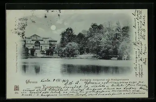 Mondschein-AK Karlsruhe, Festhalle Südportal mit Stadtgartensee