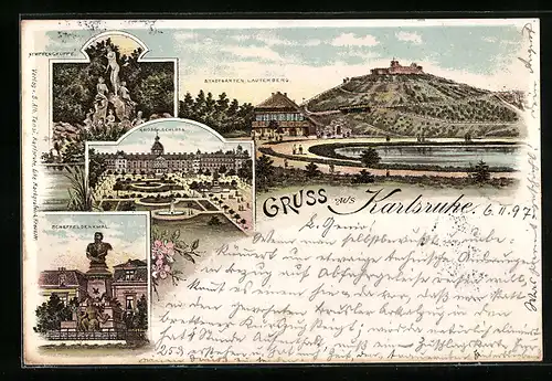 Lithographie Karlsruhe, Grossherzogliches Schloss, Stadtgarten Lauterberg, Scheffeldenkmal