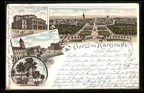 Lithographie Karlsruhe, Panorama, Hoftheater, Marktplatz