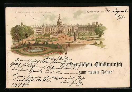 Lithographie Karlsruhe, Grossherzogliches Residenzschloss, Neujahrsgruss