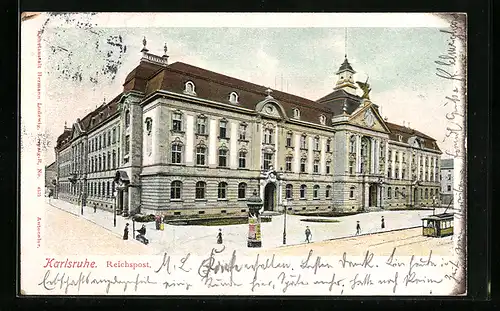 AK Karlsruhe, Reichspost mit Litfasssäule und Strassenbahn