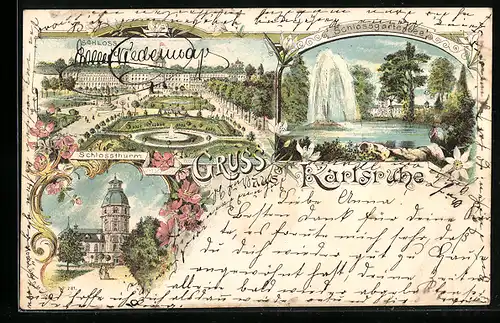 Lithographie Karlsruhe, Schlossthurm, Schlossgartensee, Schloss