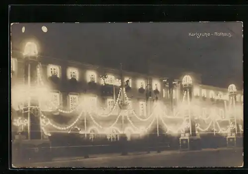 AK Karlsruhe, Rathaus bei Nacht