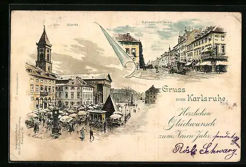 Lithographie Karlsruhe, Markt, Kaiserstrasse mit Pferdebahn