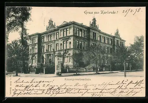 AK Karlsruhe, Kunstgewerbeschule mit Litfasssäule