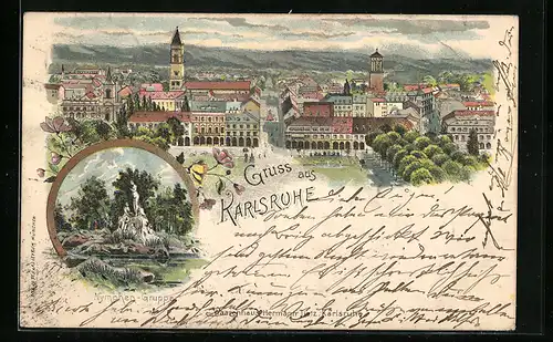 Lithographie Karlsruhe, Nymphen-Gruppe, Totalansicht