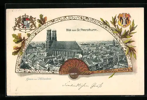 Passepartout-Lithographie München, Blick vom St. Petersturm mit Kirche im Fächer, Wappen