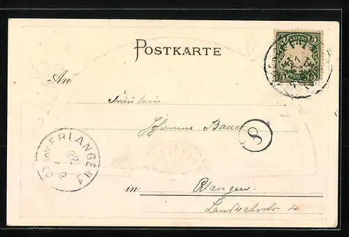 Passepartout-Lithographie München, Blick vom St. Petersturm mit Kirche im Fächer, Wappen