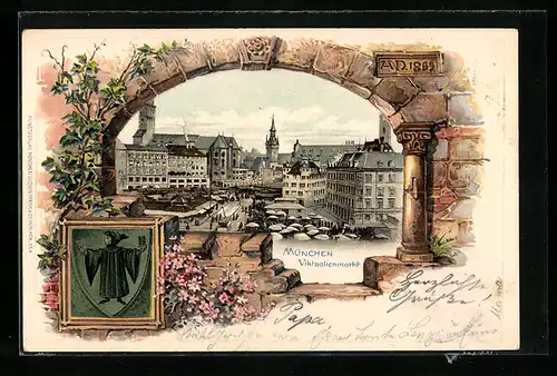 Lithographie München, Viktualienmarkt, Münchner Kindl