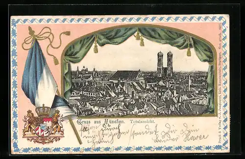 Passepartout-Lithographie München, Totalansicht, Wappen