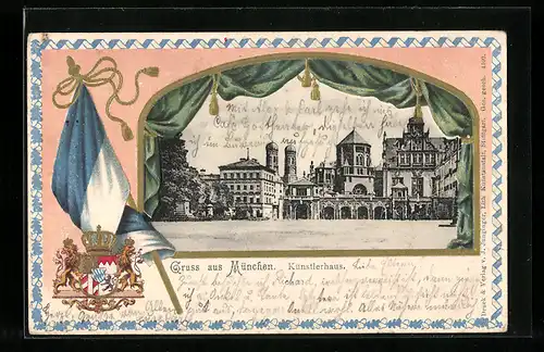 Passepartout-Lithographie München, Künstlerhaus und Synagoge, Fahne mit Wappen