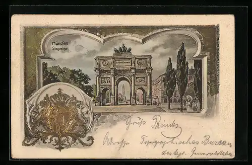 Passepartout-Lithographie München, Siegestor und Wappen