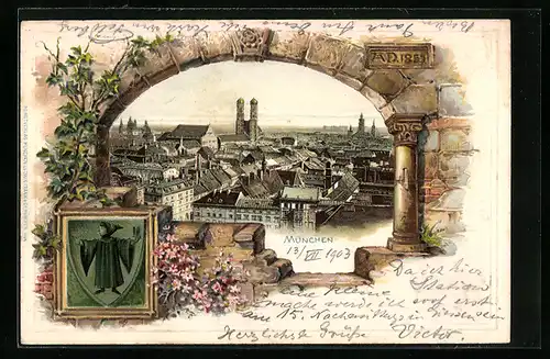 Passepartout-Lithographie Insel Mainau, Uferpartie mit Schloss, Wappen