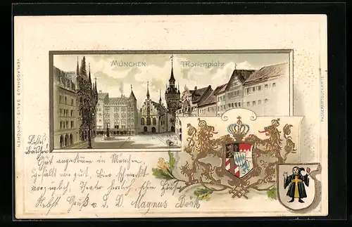 Passepartout-Lithographie München, Marienplatz, Wappen