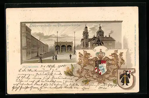 Passepartout-Lithographie München, Feldherrenhalle mit Theatinerkirche, Odeonsplatz, Wappen