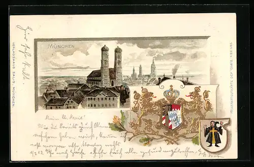 Passepartout-Lithographie München, Frauenkirche und andere Kirchen, Wappen