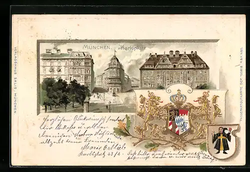 Passepartout-Lithographie München, Karlsplatz mit Litfasssäule, Wappen