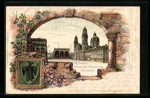 Passepartout-Lithographie München, Residenz, Feldherrnhalle und Theatinerkirche, Wappen mit Kindl